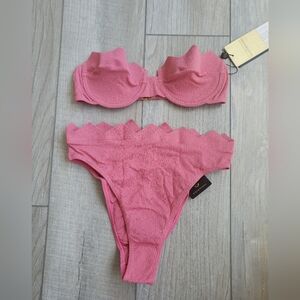 •Vix Pink Scalloped Textured Bikini Set•